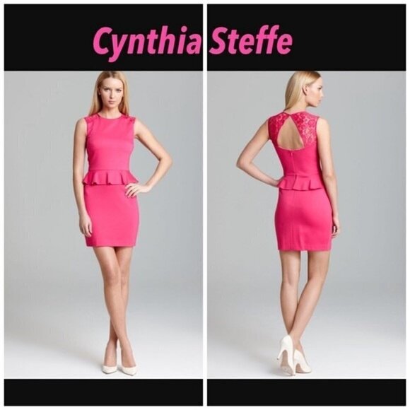 NWT Cynthia Steffe Hot Pink Lace Cutout Back Bodycon Peplum Dress - Picture 1 of 14